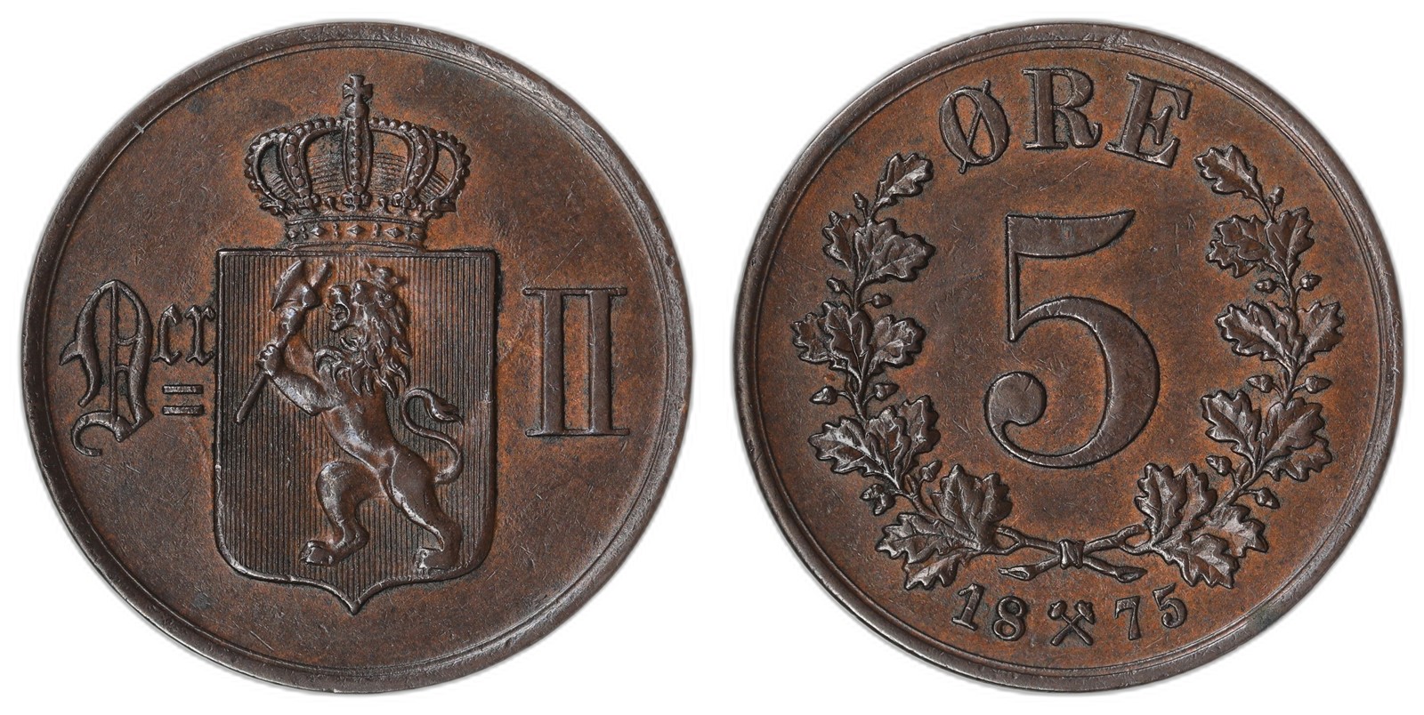 NORWAY. Oscar II. 5 Øre 1875. Kv 01 (AU).