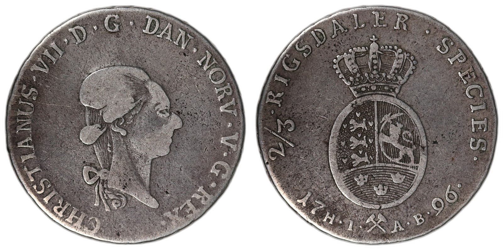 NORWAY. Christian VII. 2/3 Speciedaler. 1796-HIAB. Kv 1 (VF).