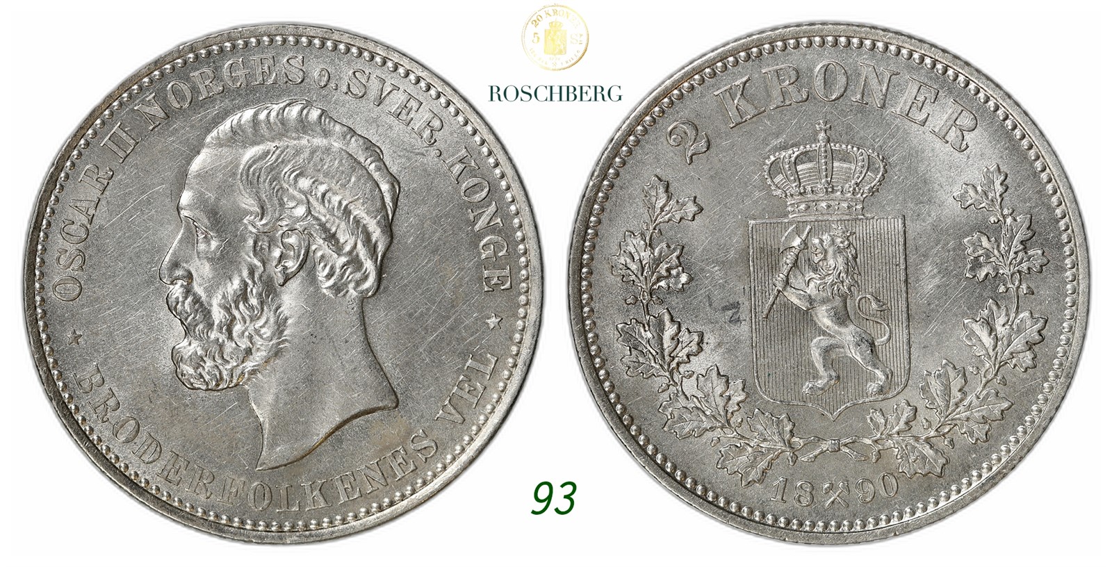 NORWAY. Oscar II. 2 Kroner 1890.