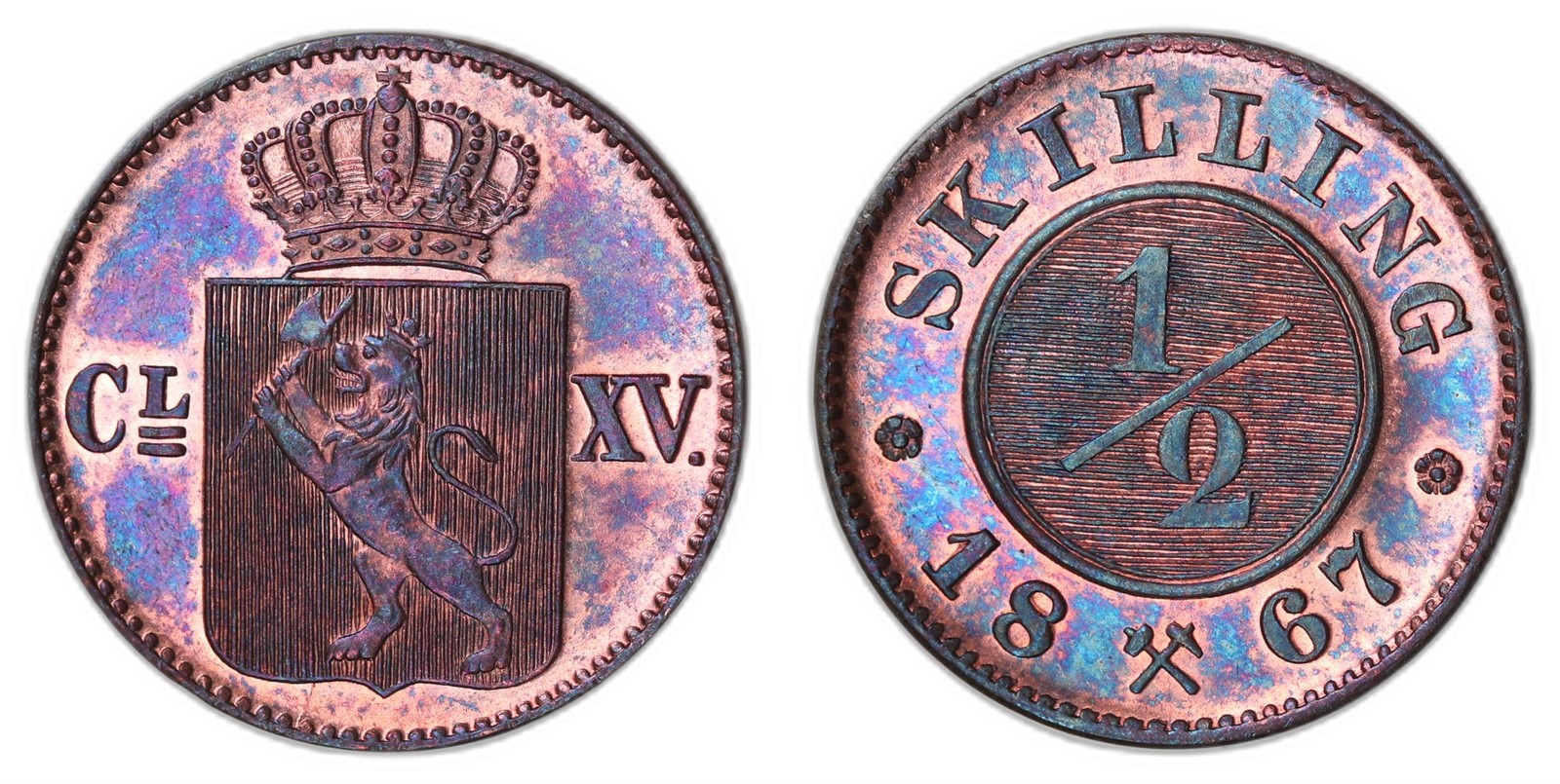 NORWAY. Carl XV. 1/2 Skilling 1867. PROOF.