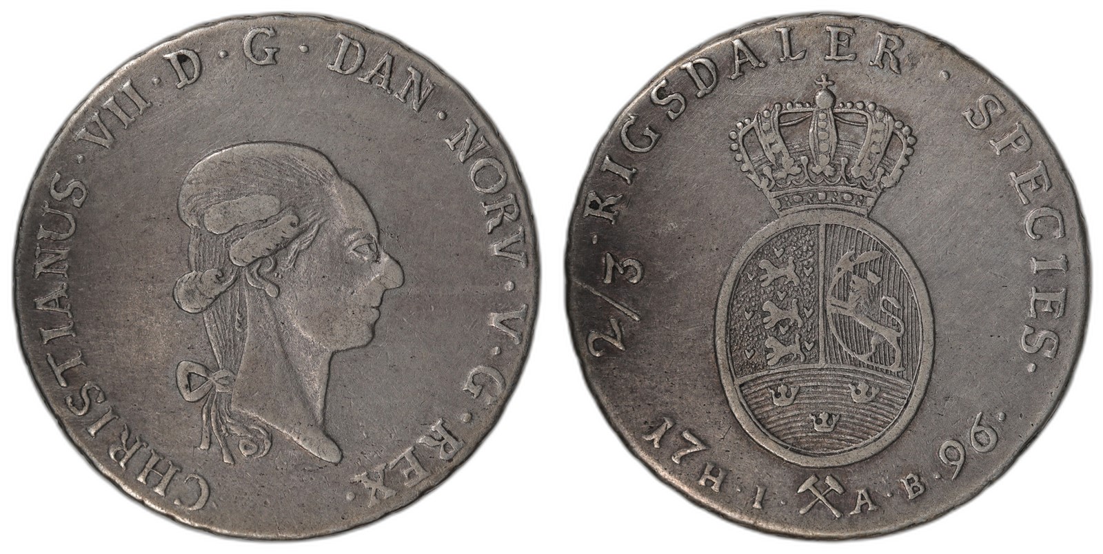 NORWAY. Christian VII. 2/3 Speciedaler 1796. Kv 1+ (XF).