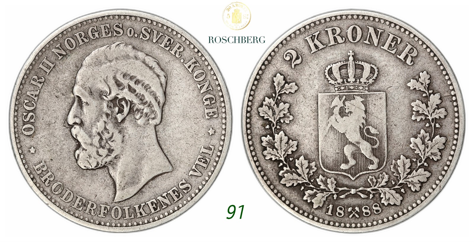 NORWAY. Oscar II. 2 Kroner 1888.