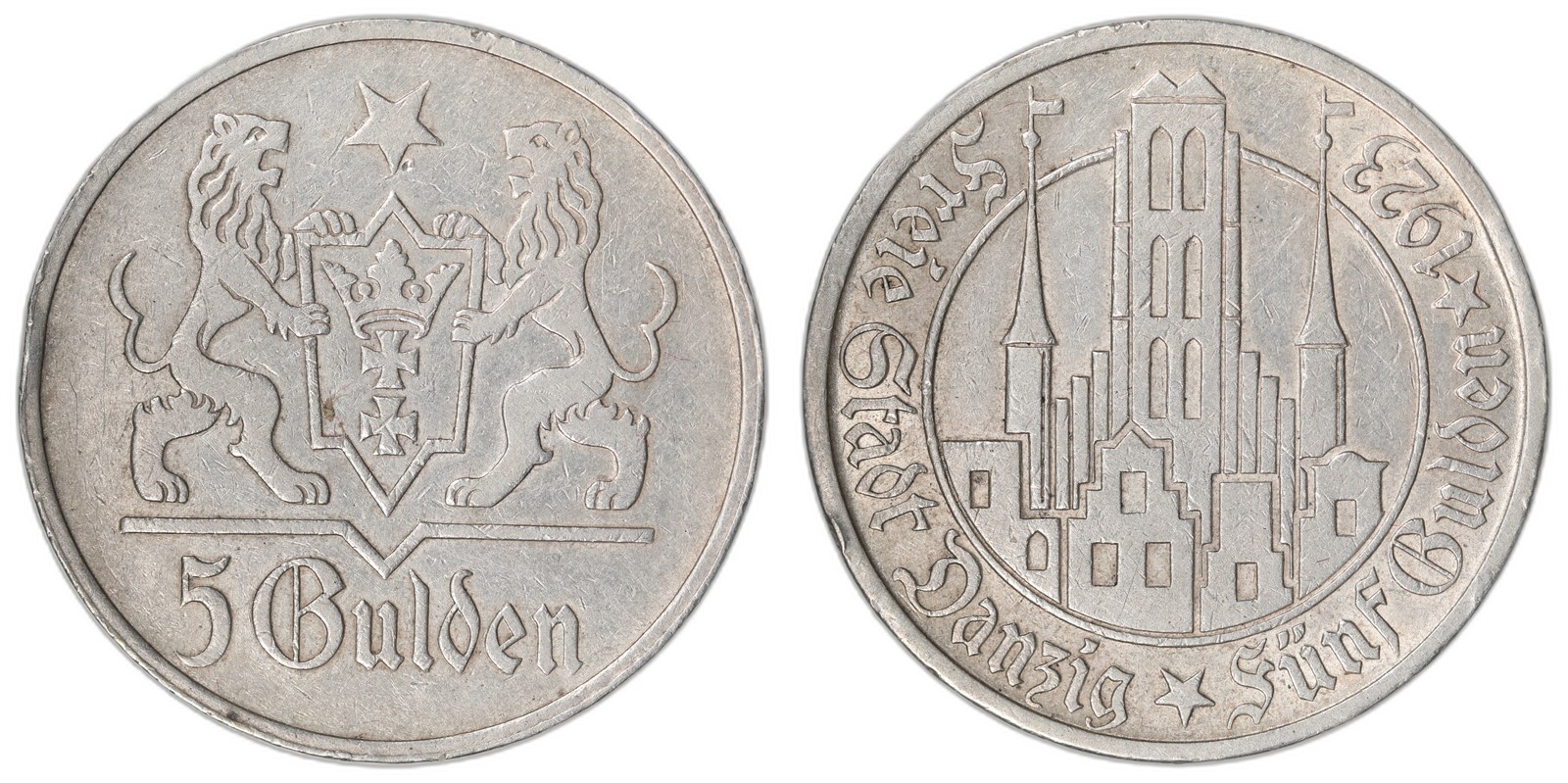 POLAND, DANZIG. Republic. 5 Gulden. 1923. AU.