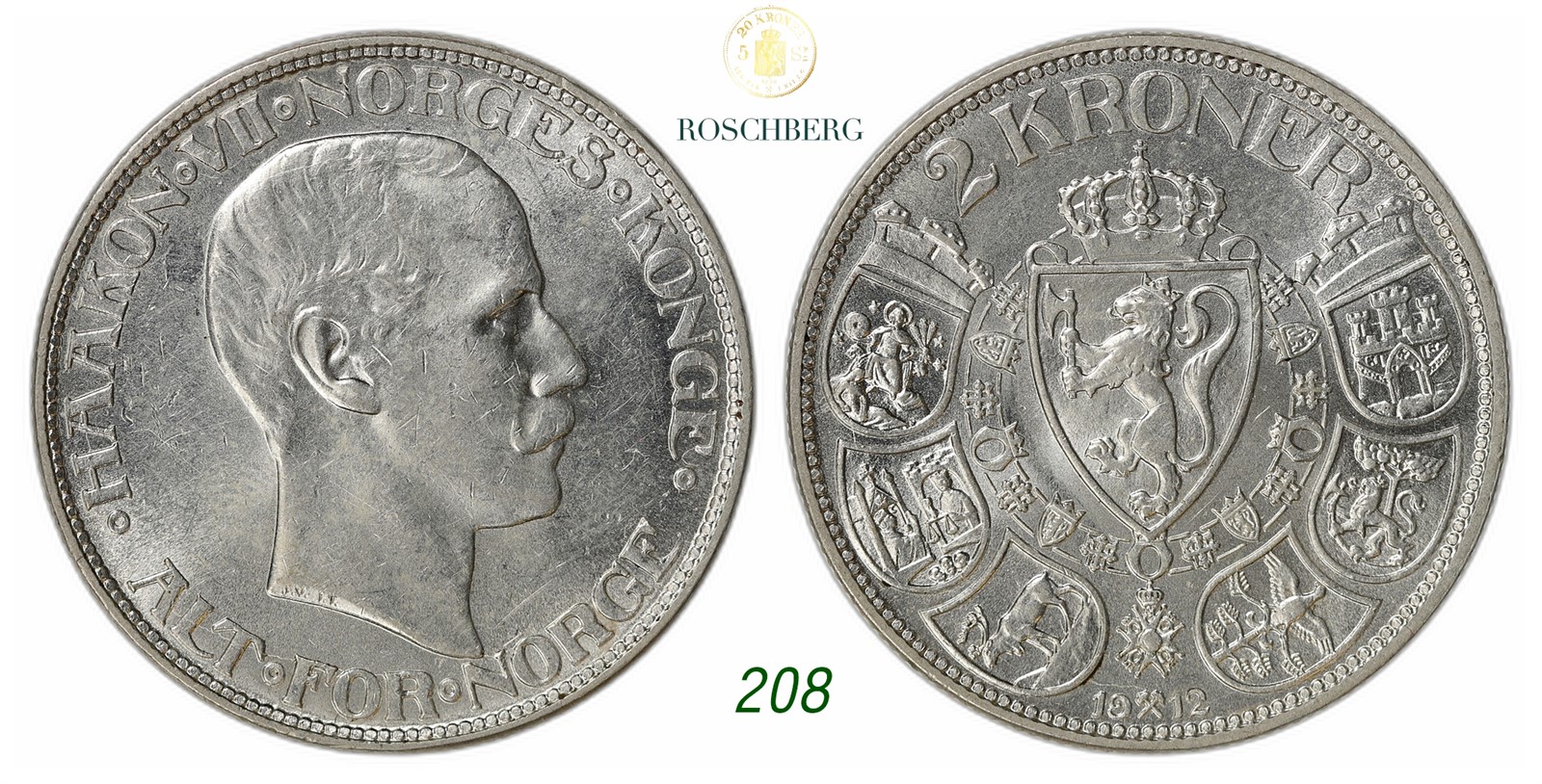 NORWAY. Haakon VII. 2 Kroner 1912.