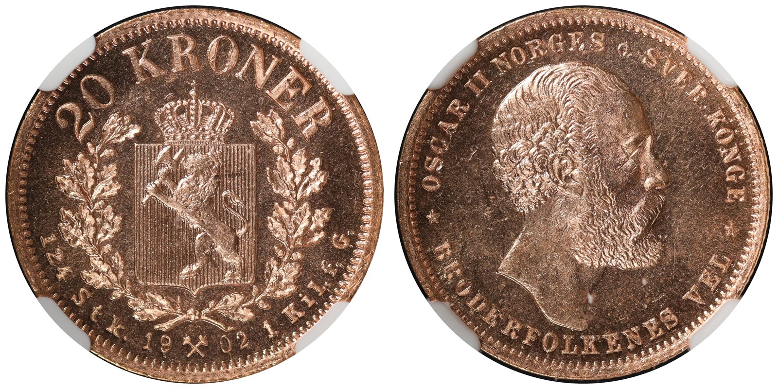 NORWAY. Oscar II. 20 Kroner 1902. NGC MS65.