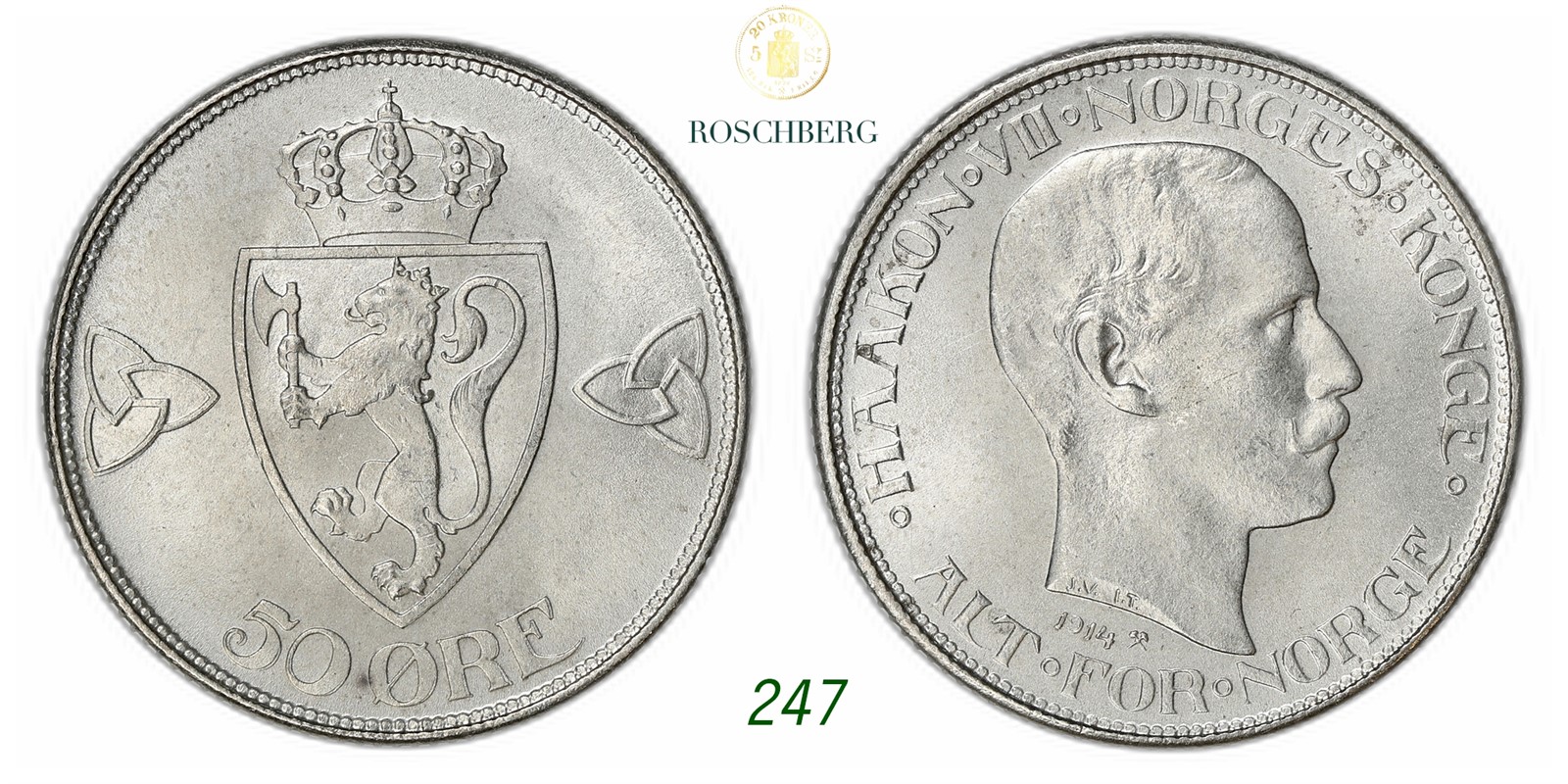 NORWAY. Haakon VII. 50 Øre 1914.