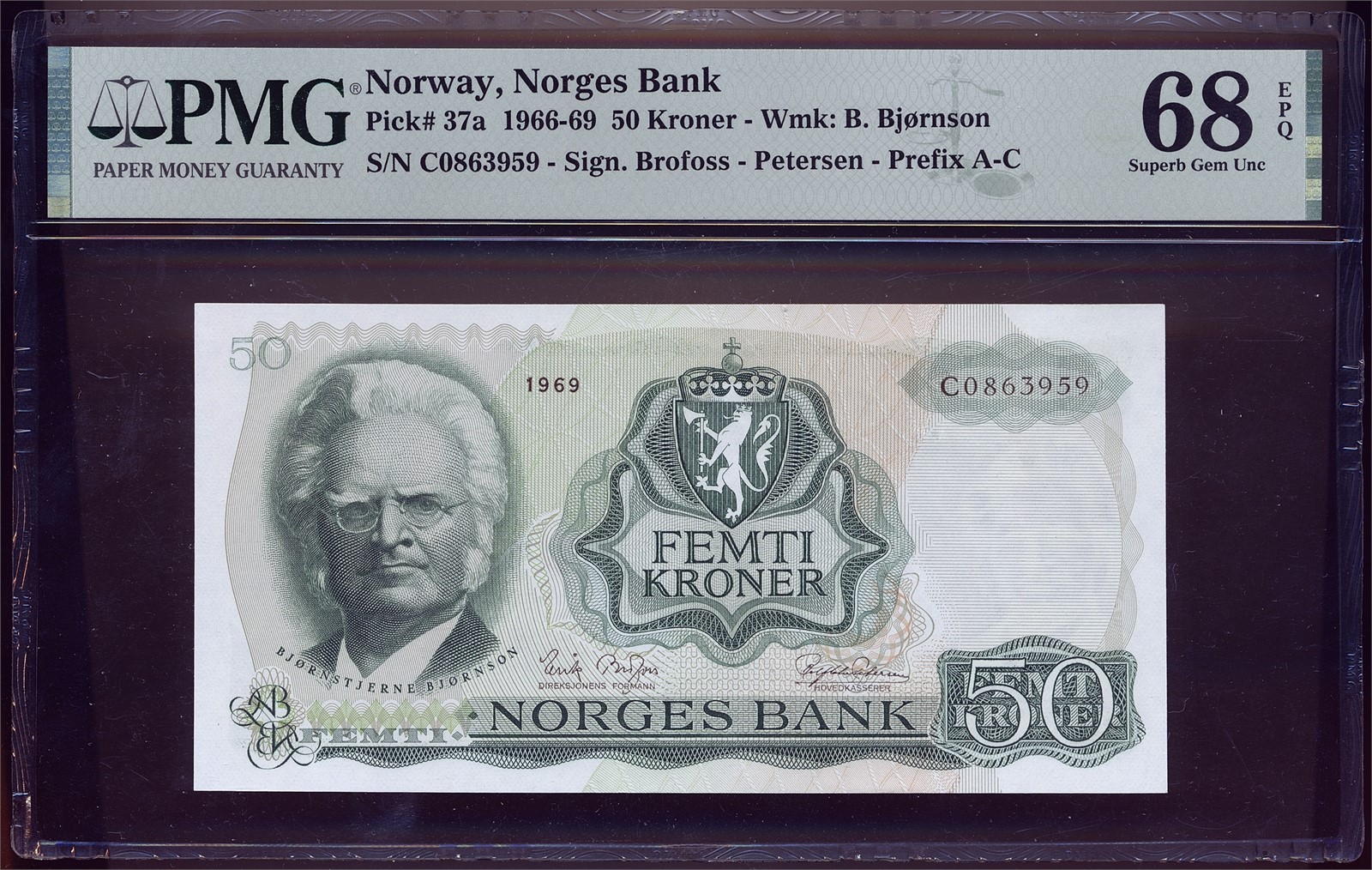 50 Kroner 1969-C. PMG 68EPQ.