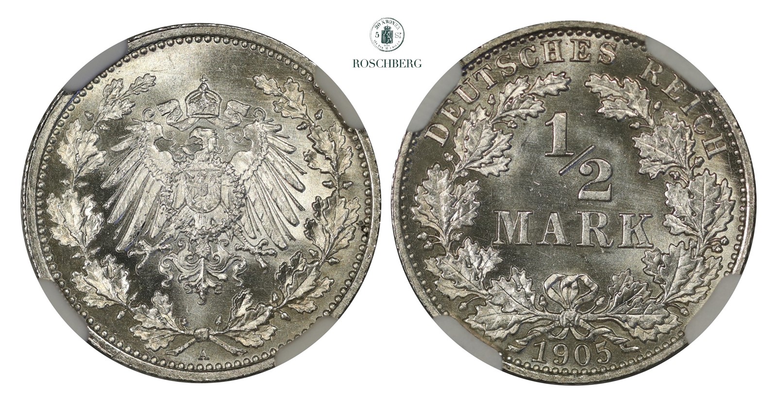 GERMANY EMPIRE. 1/2 Mark 1905-A NGC MS66