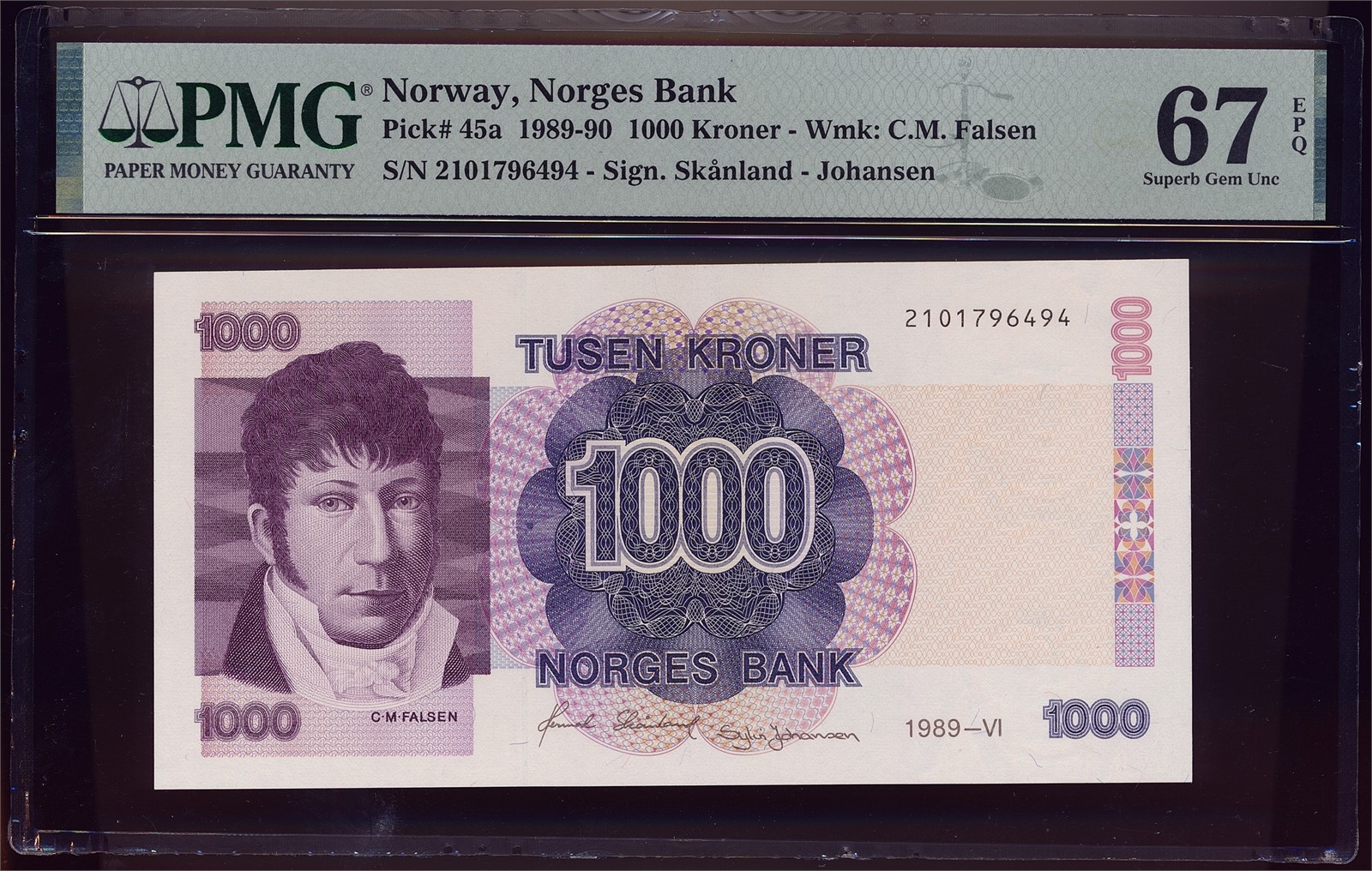 1000 Kroner 1989. PMG 67EPQ.