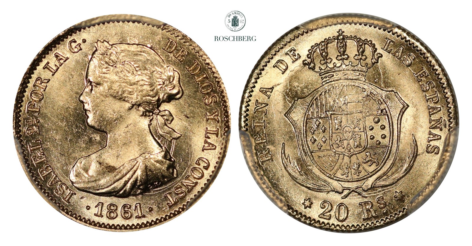 SPAIN. 20 Reales 1861 PCGS MS61