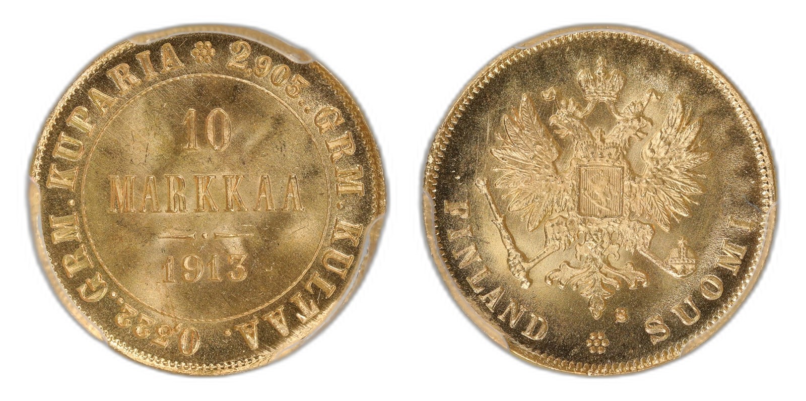 Finland. Nikolai II. 10 Markkaa Gold 1913-S. Kv PCGS MS65.