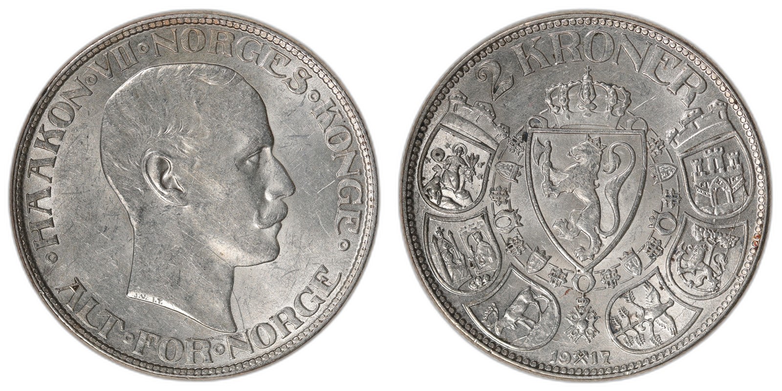 NORWAY. Haakon VII. 2 Kroner. 1917. Kv 01 (AU).