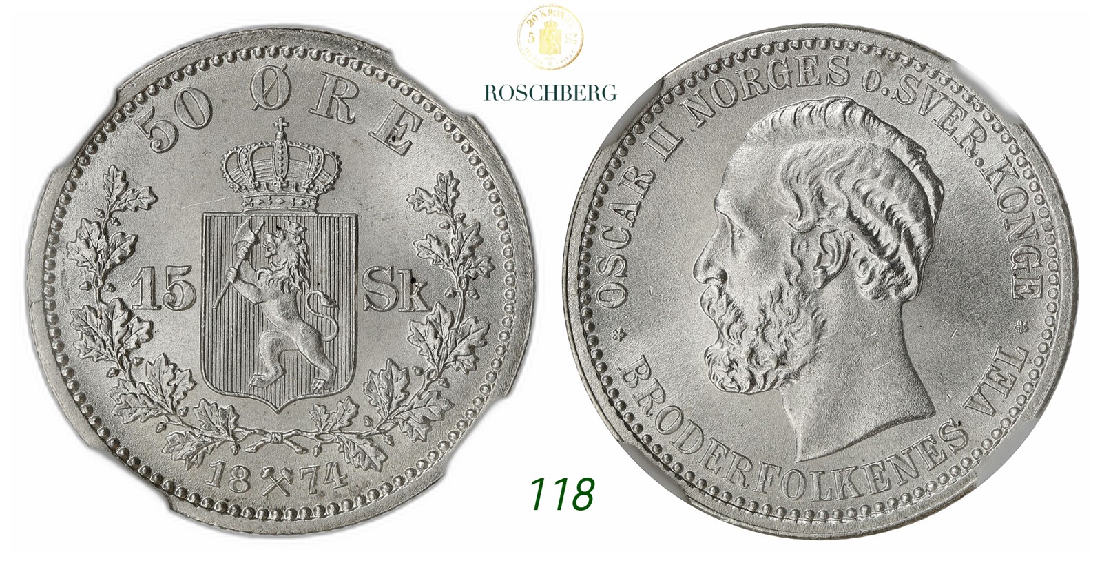 NORWAY. Oscar II. 50 Øre / 15 Sk. 1874.