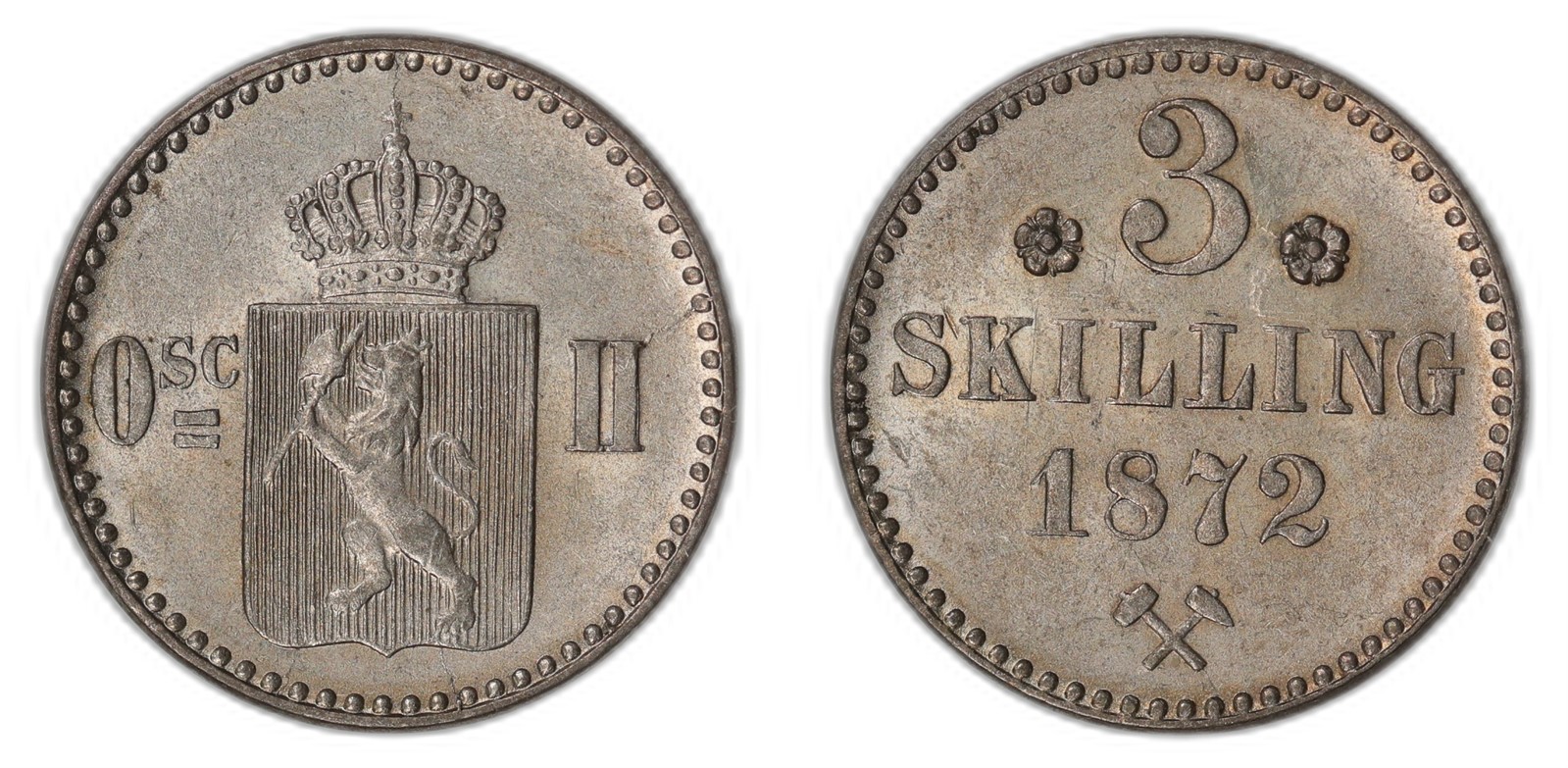 NORWAY. Oscar II. 3 Skilling. 1872. Kv 0/01 (UNC).
