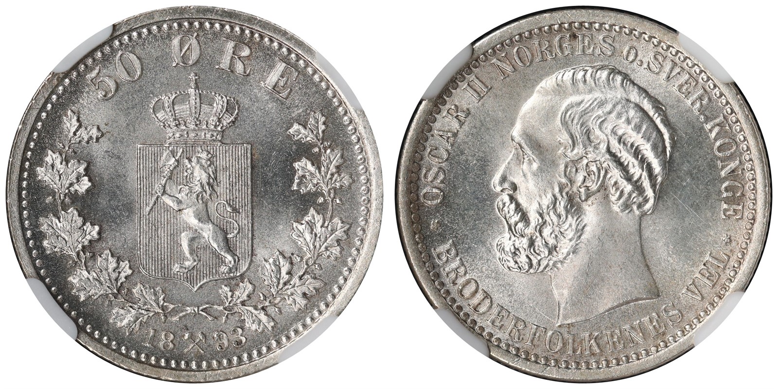 NORWAY. Oscar II. 50 Øre 1893. NGC MS65.