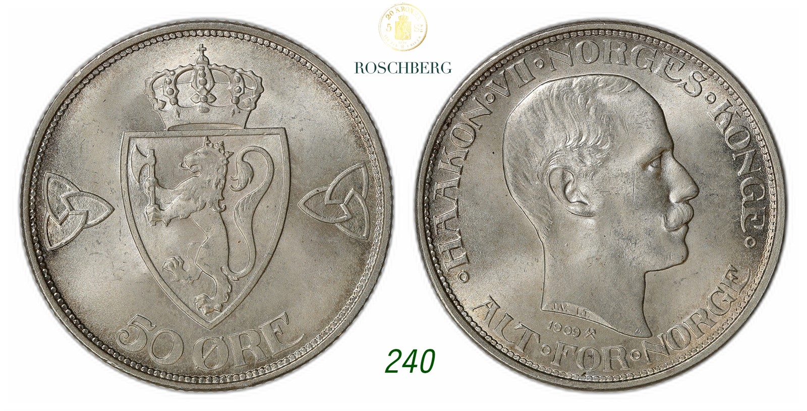 NORWAY. Haakon VII. 50 Øre 1909.