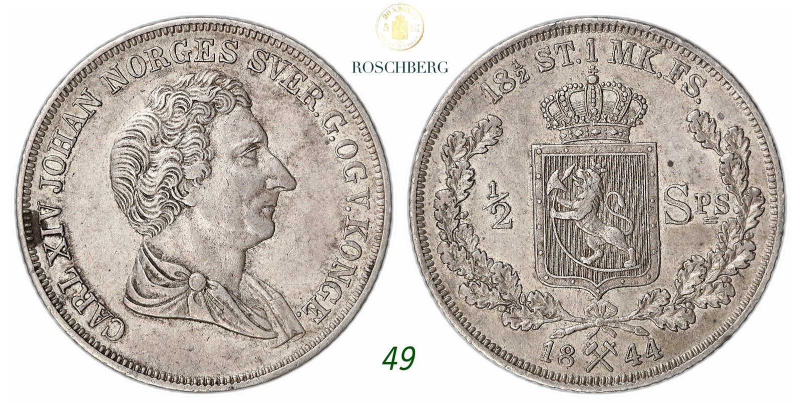 NORWAY. Carl XIV Johan. 1/2 Speciedaler 1844.