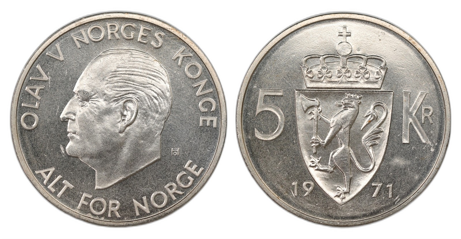 Norway. Olav V. 5 Kroner 1971. Kv PRAKTEX.