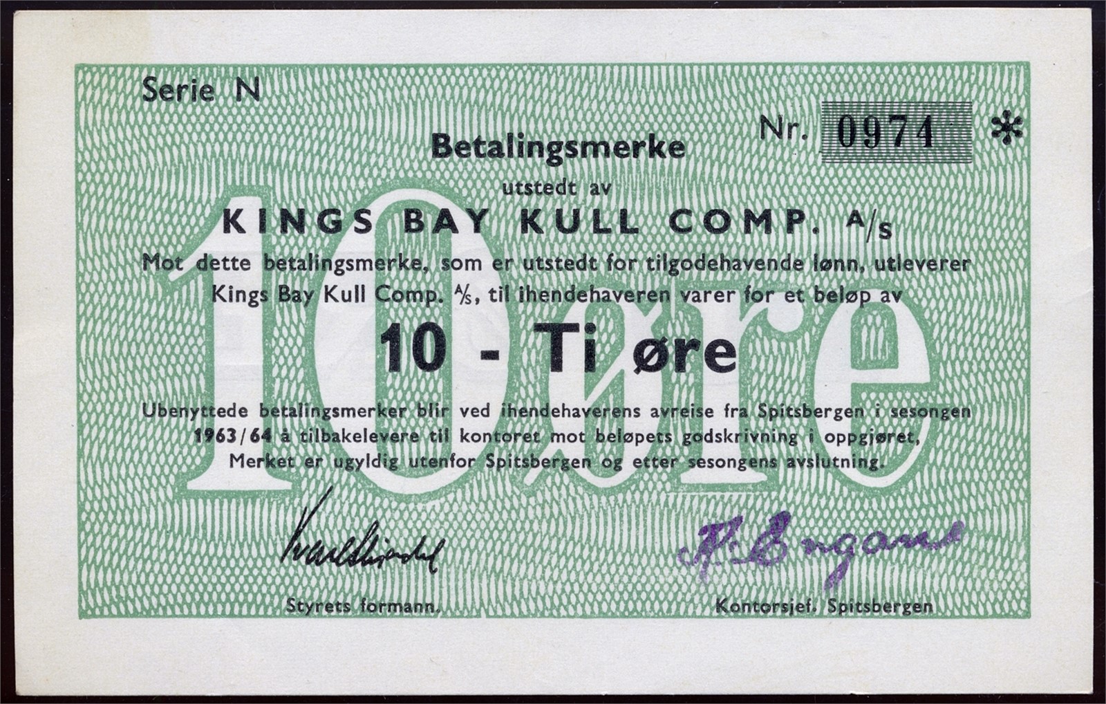 Kings Bay Kull Comp A/S. 10 Øre 1963/64 Serie N. Kv 0/01 (UNC).