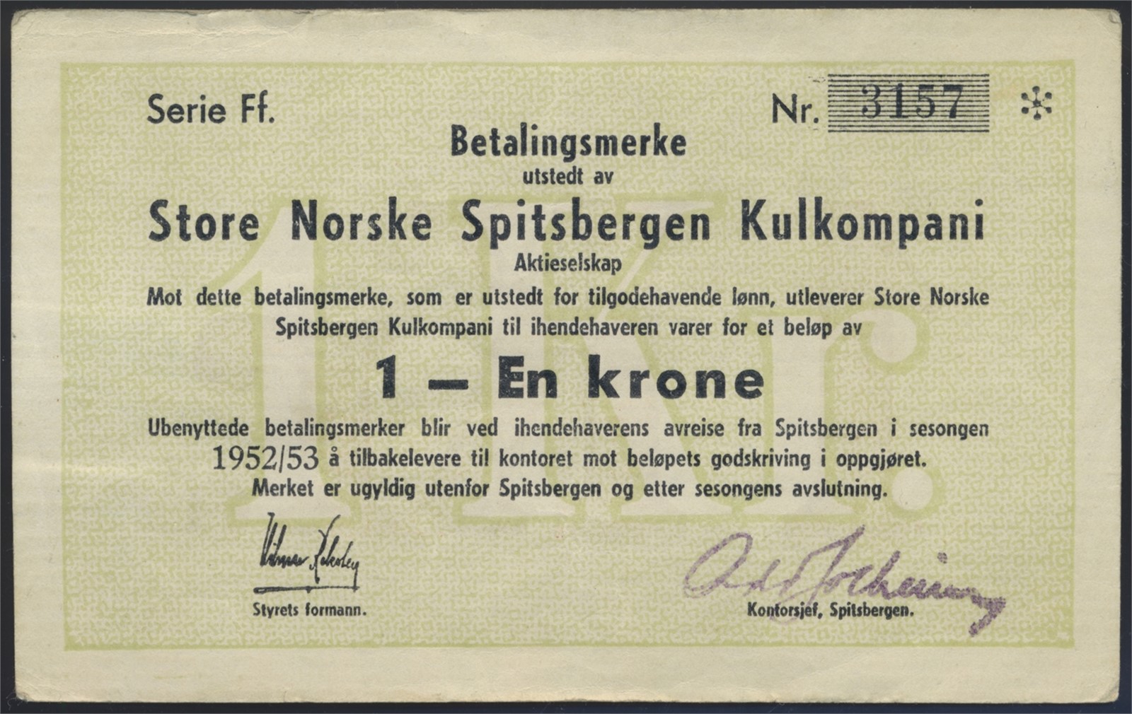 STORE NORSKE SPITSBERGEN KULKOMPANI. 1 Krone 1952/53 Ff. Kv g1 (VF).