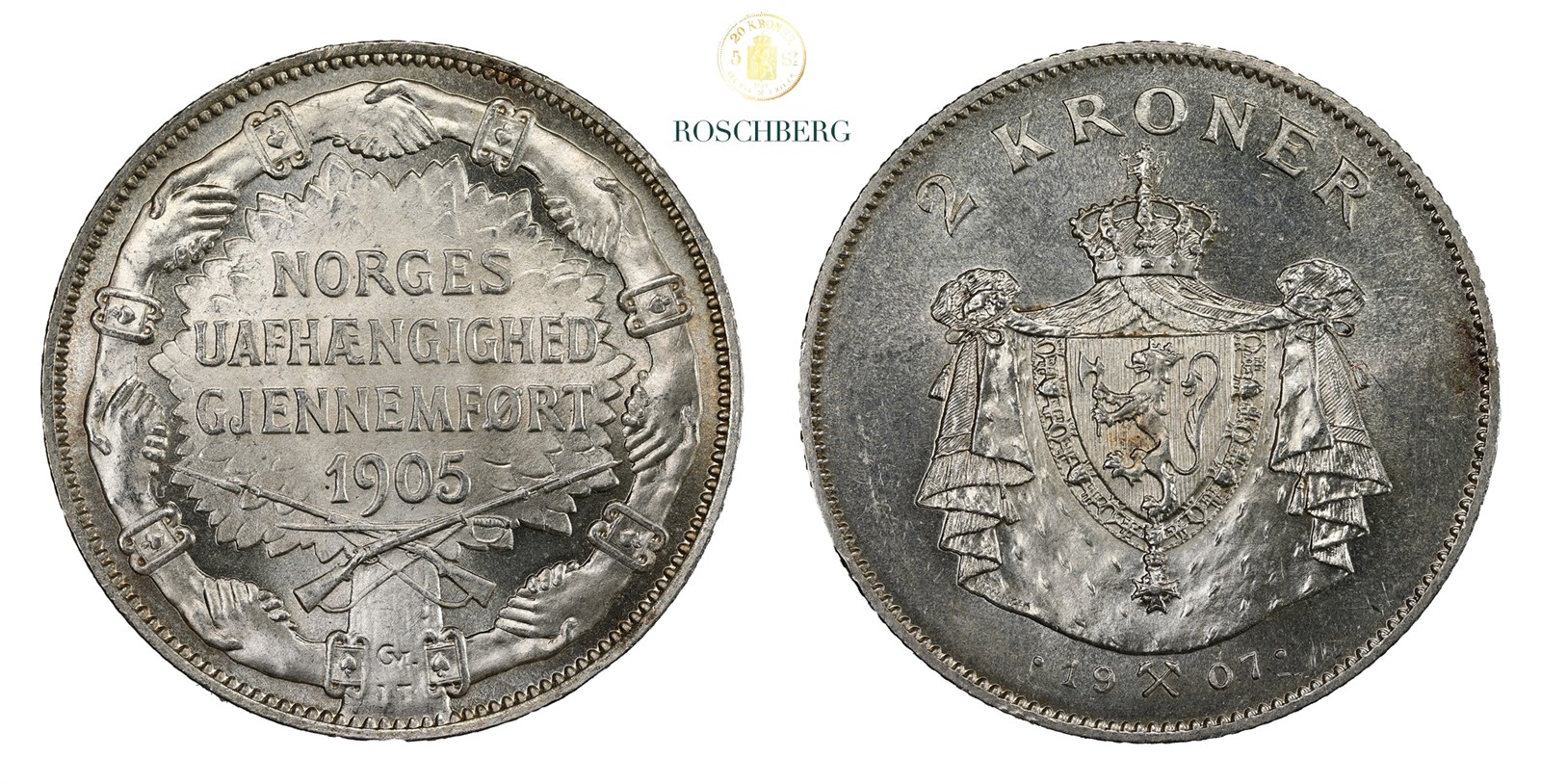 Norge 2 Kroner 1907 Gevær Kv 0.