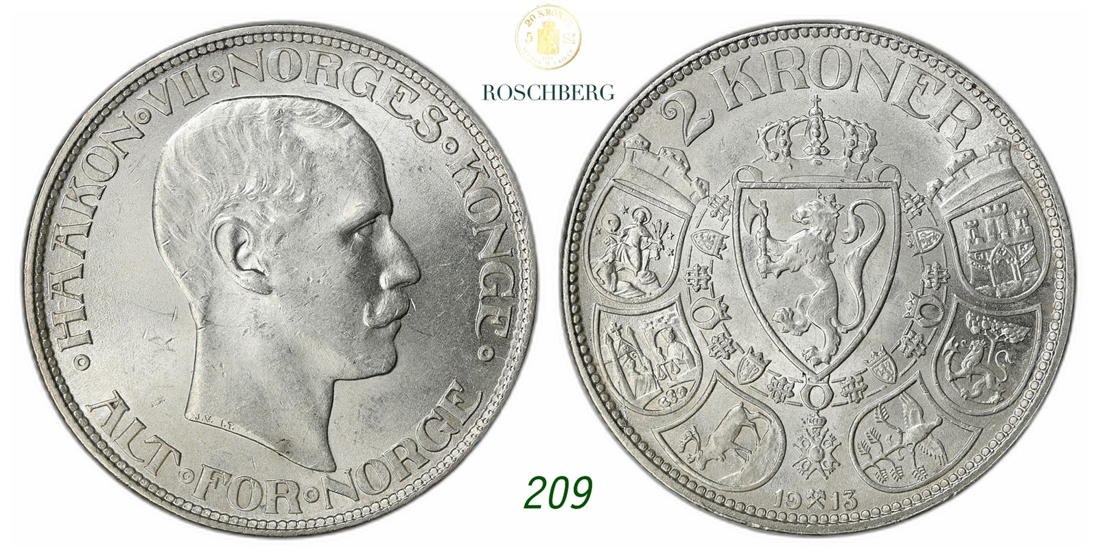 NORWAY. Haakon VII. 2 Kroner 1913.