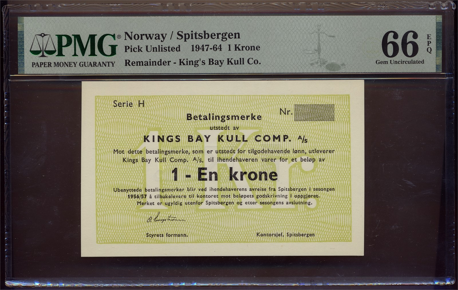 Kings Bay Kull Comp A/S. 1 Krone 1956/57 Serie H. PMG 66 EPQ.
