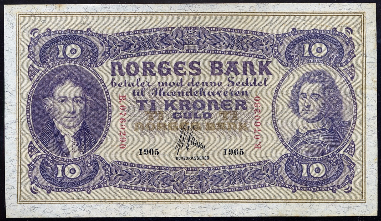 10 Kroner 1905-B. Kv 0/01 (AU/UNC).