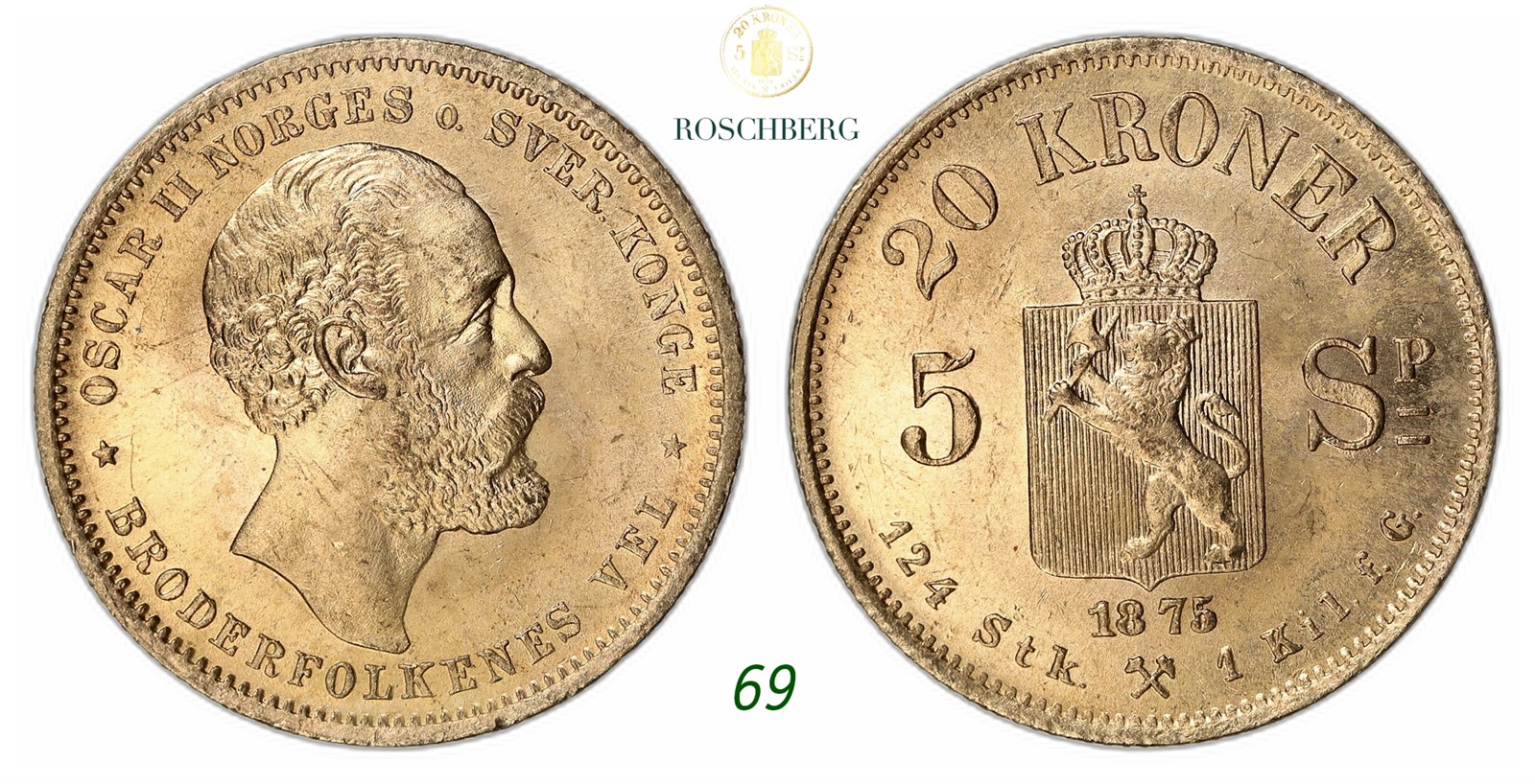 NORWAY. Oscar II. 20 Kroner / 5 Sp. Gold 1875.