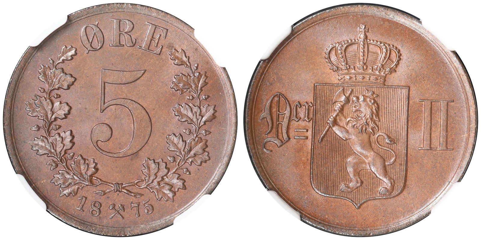 NORWAY. Oscar II. 5 Øre 1875. NGC MS65BN TOP POP.
