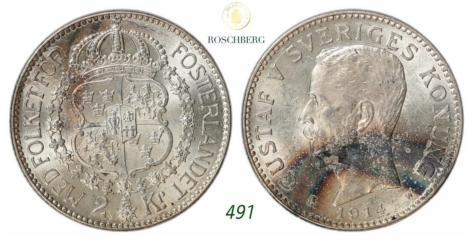 SWEDEN. Gustav V. 2 Kronor 1914-W.