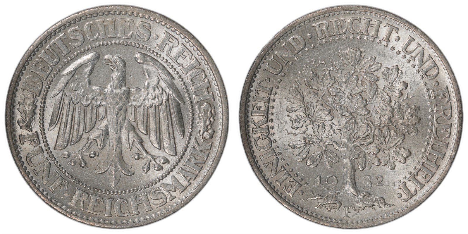 GERMANY. Republic. 5 Mark. 1932-F. UNC.