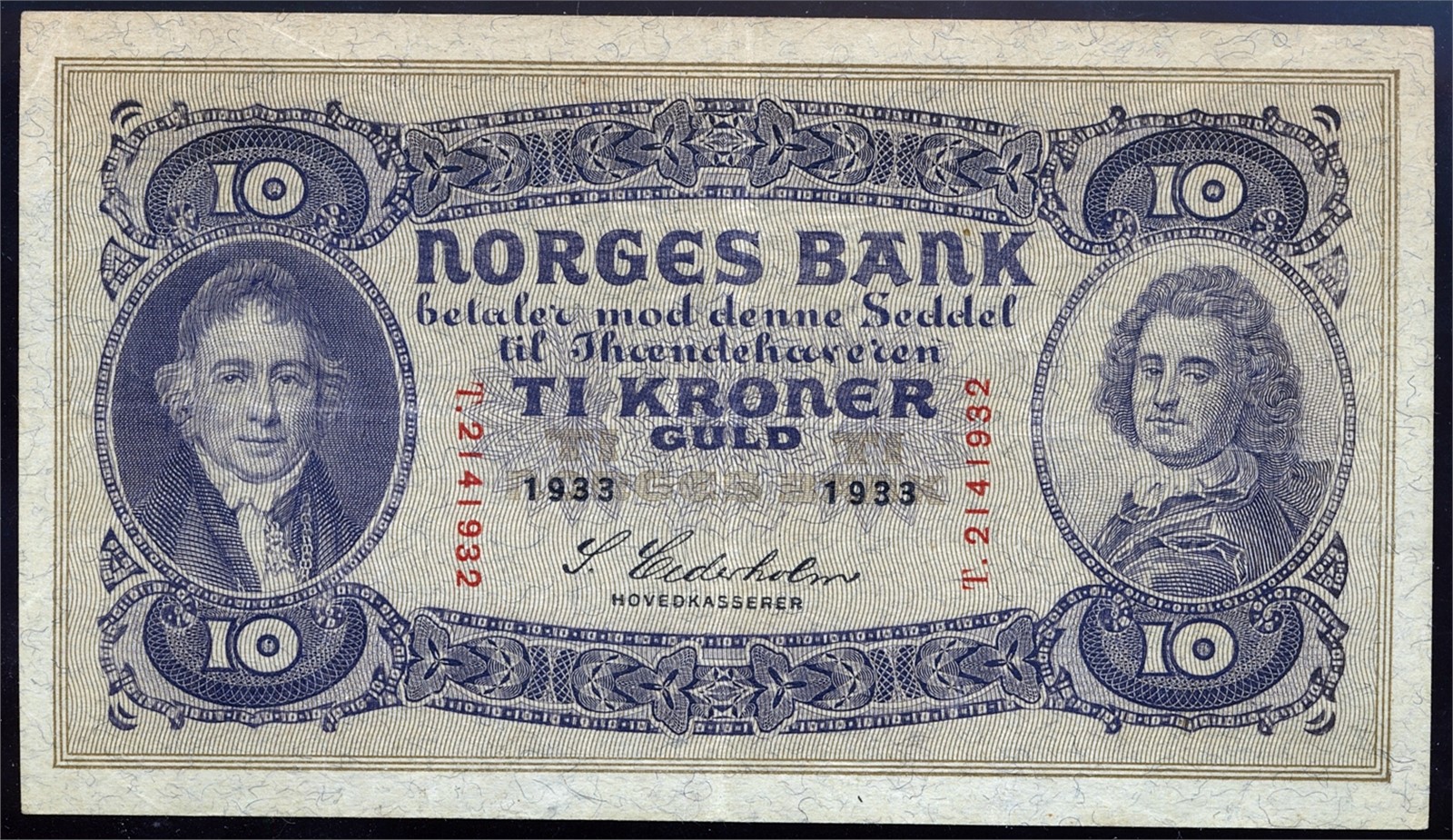 10 Kroner 1933-T. Kv 1+ (XF).