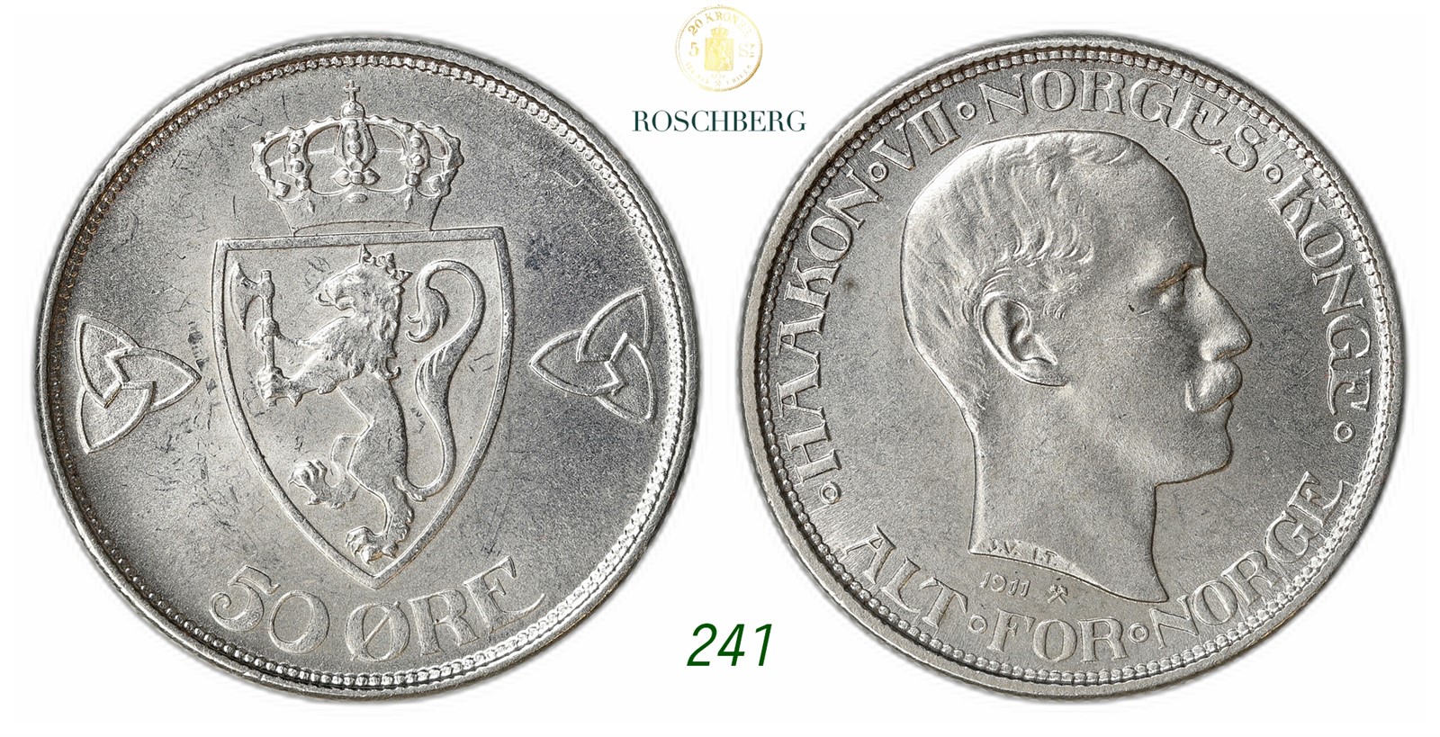 NORWAY. Haakon VII. 50 Øre 1911.