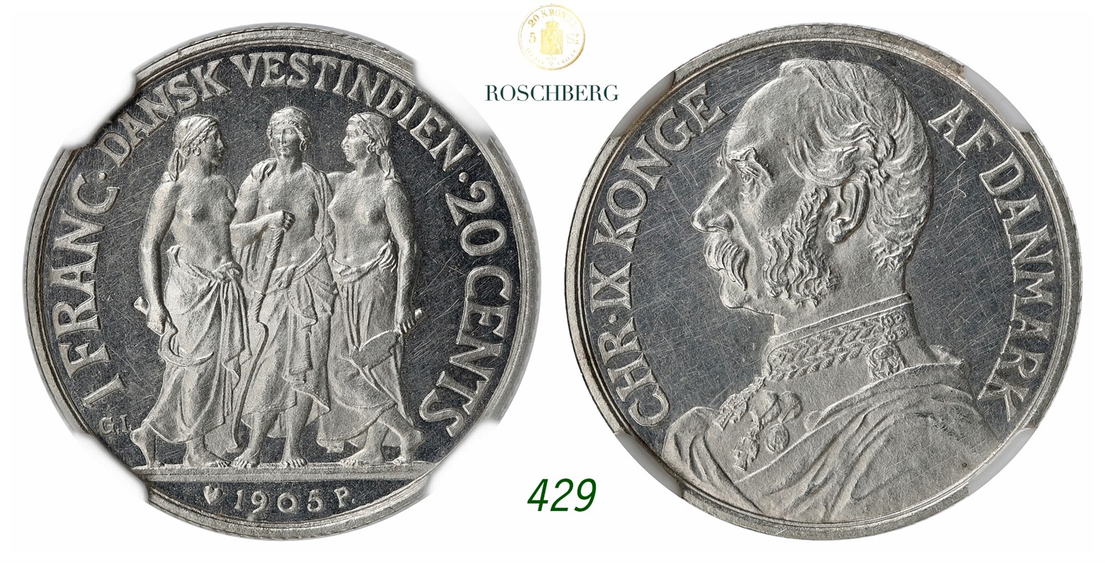 DENMARK, Danish West Indies. Christian IX. 20 Cents / 1 Franc 1905.