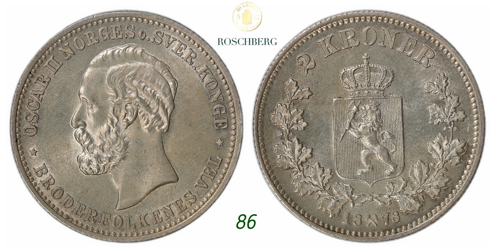 NORWAY. Oscar II. 2 Kroner 1878.