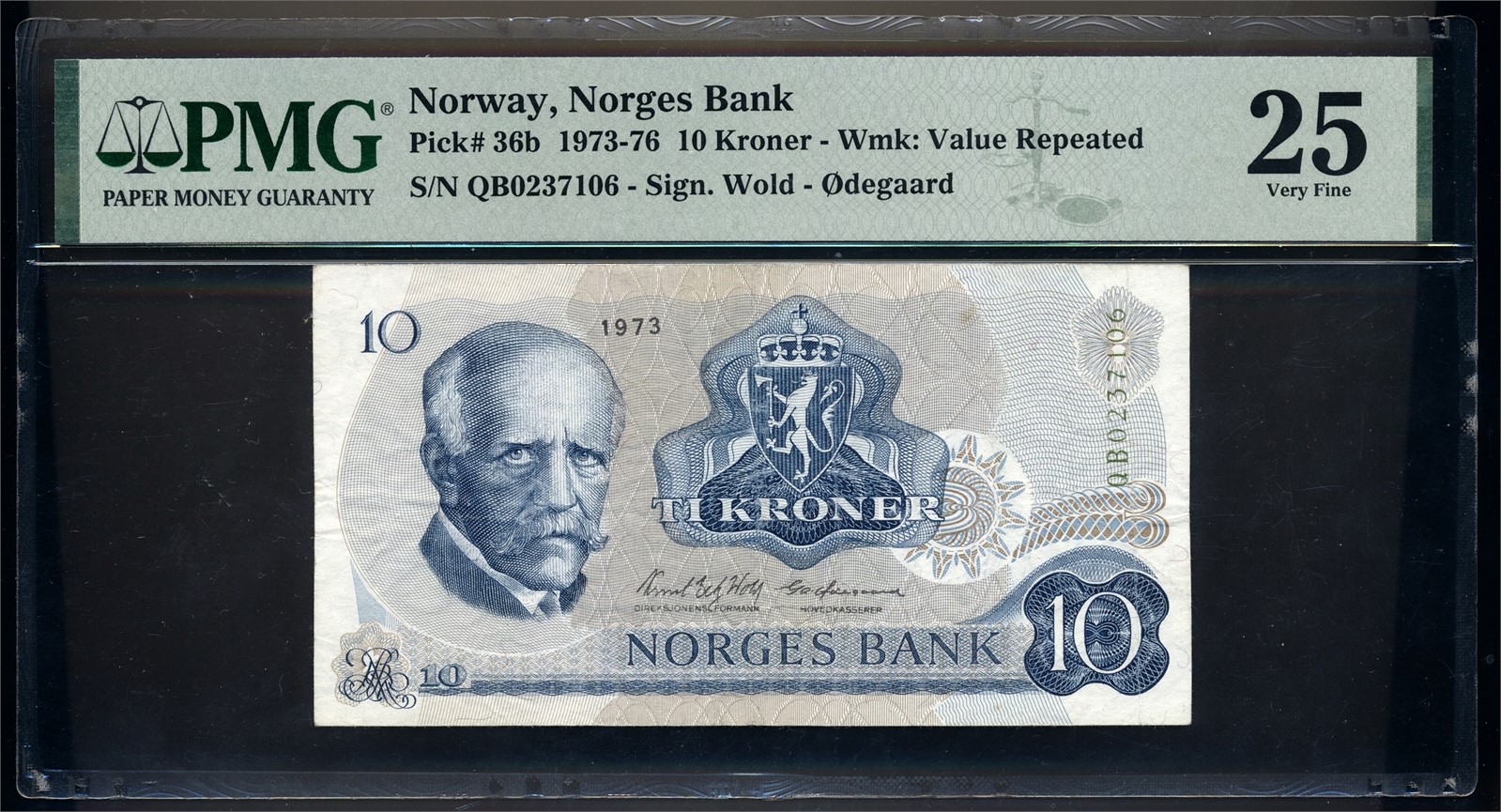 10 Kroner 1973 QB0237106 GREEN SERIAL UNIQUE