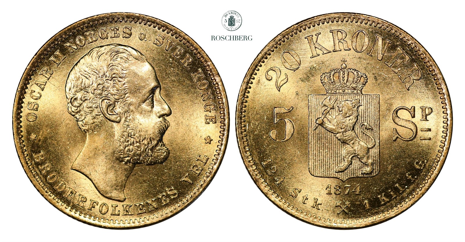 20 Kroner / 5 Sp. 1874 Kv 0/01 (UNC)