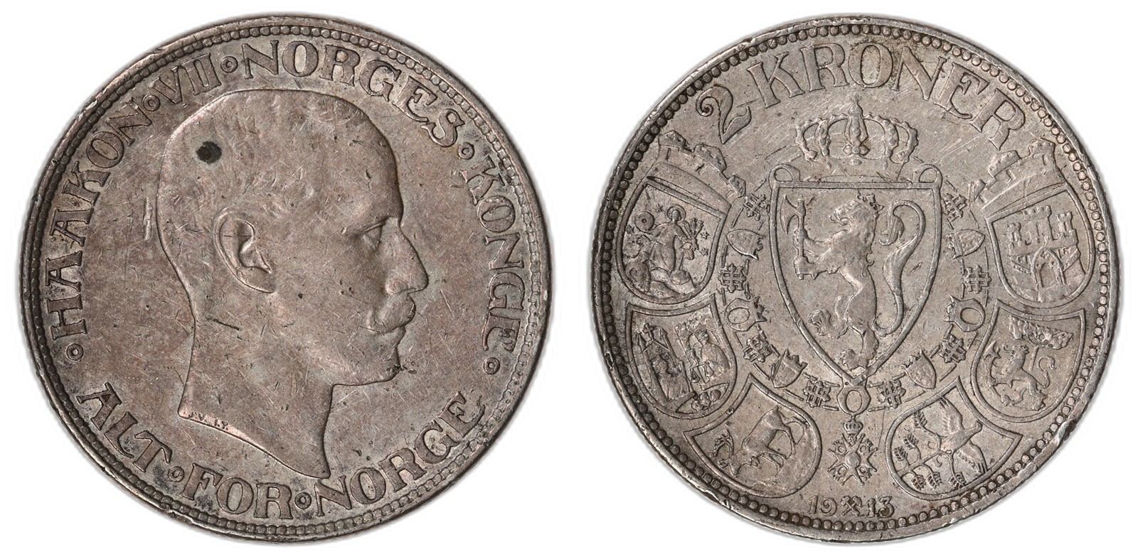 NORWAY. Haakon VII. 2 Kroner. 1913. Kv 1 (VF).