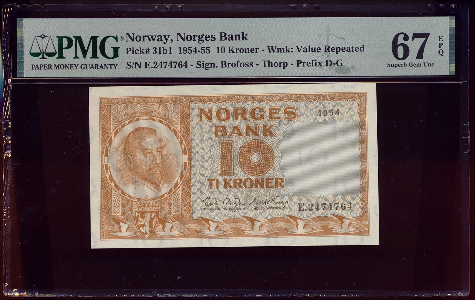 10 Kroner 1954-E. PMG 67 EPQ.