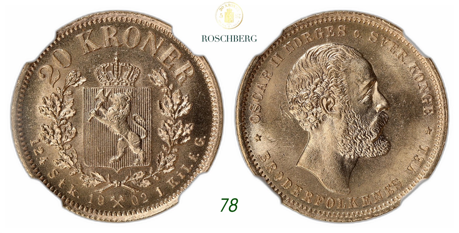 NORWAY. Oscar II. 20 Kroner Gold 1902.