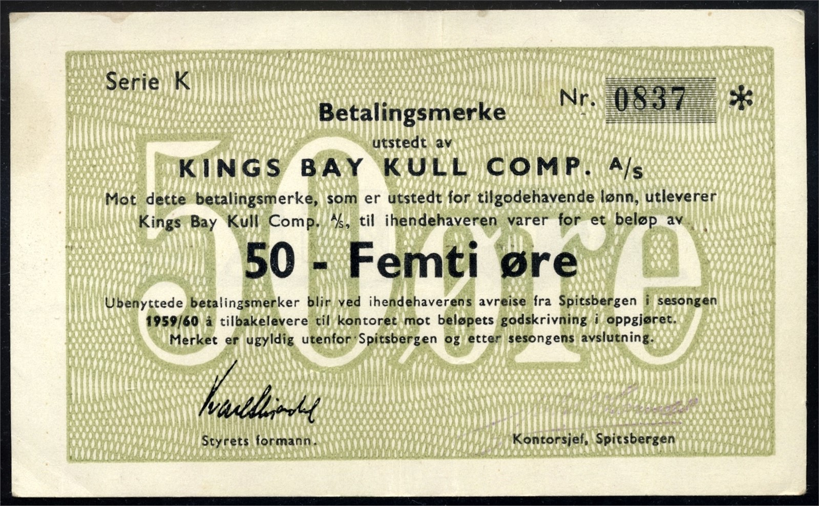 KINGS BAY. 50 Øre 1959/60 K0837 Kv 1+ (XF)