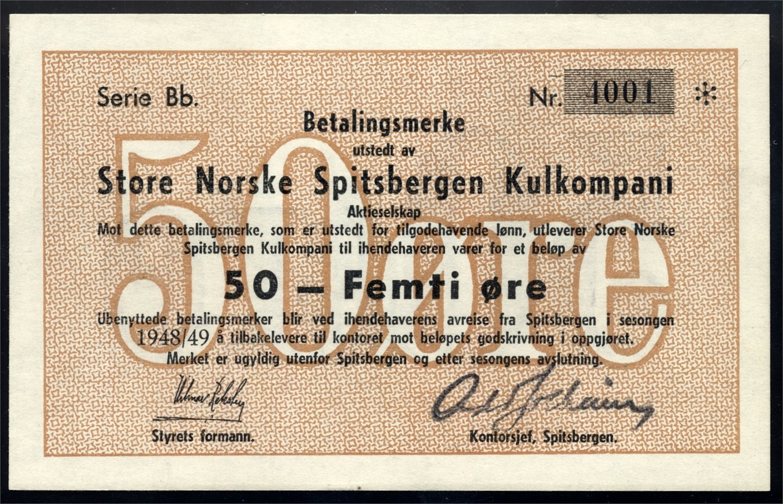 Store Norske Spitsbergen Kullkompani 50 Øre 1948/49 Bb4001 Kv 0- (UNC).