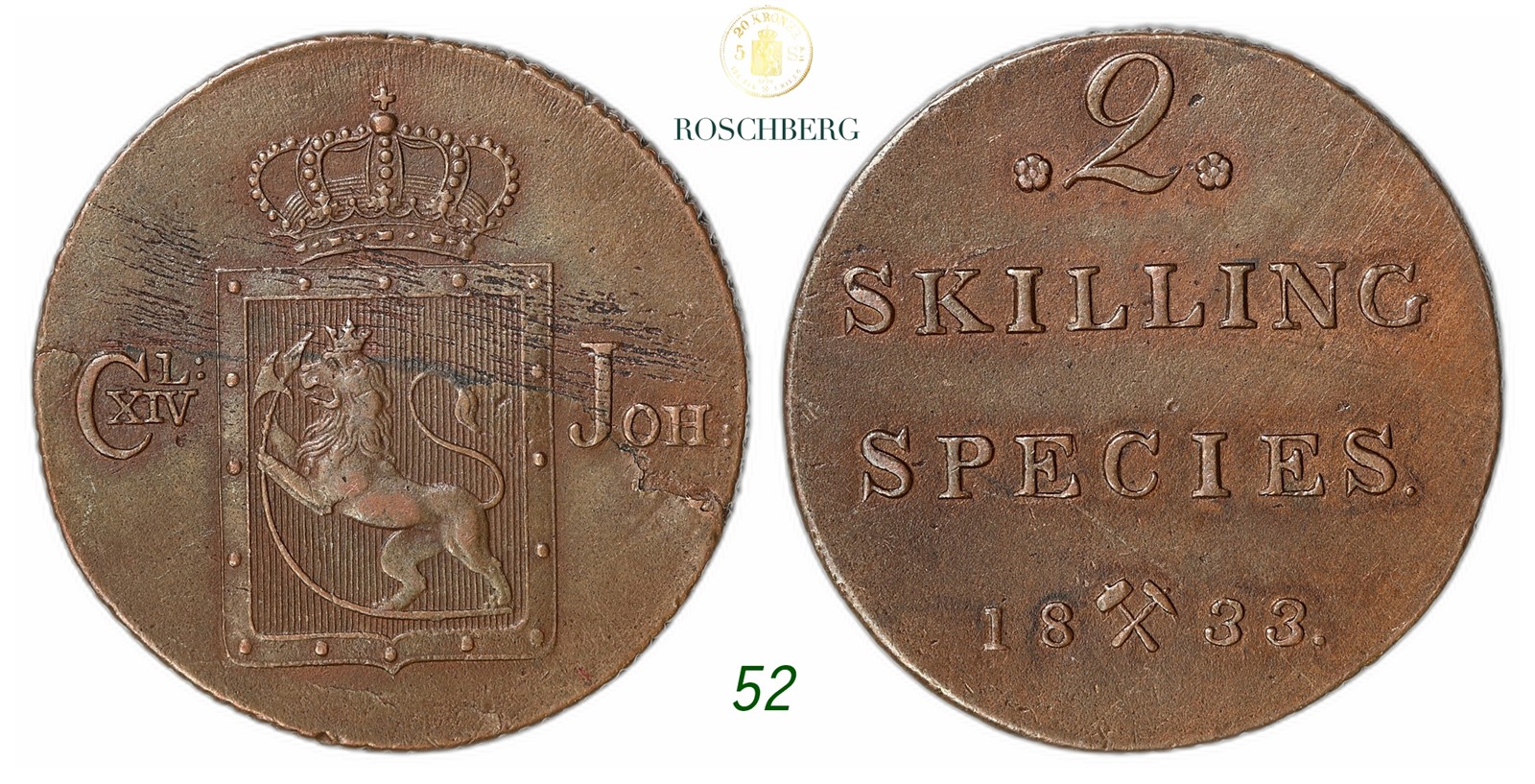 NORWAY. Carl XIV Johan. 2 Skilling 1833.