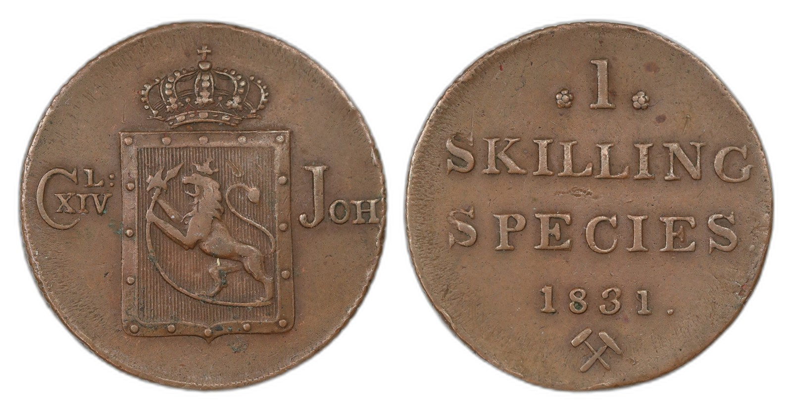 Norway. Carl XIV Johan. 1 Skilling 1831/28. Kv 1+.