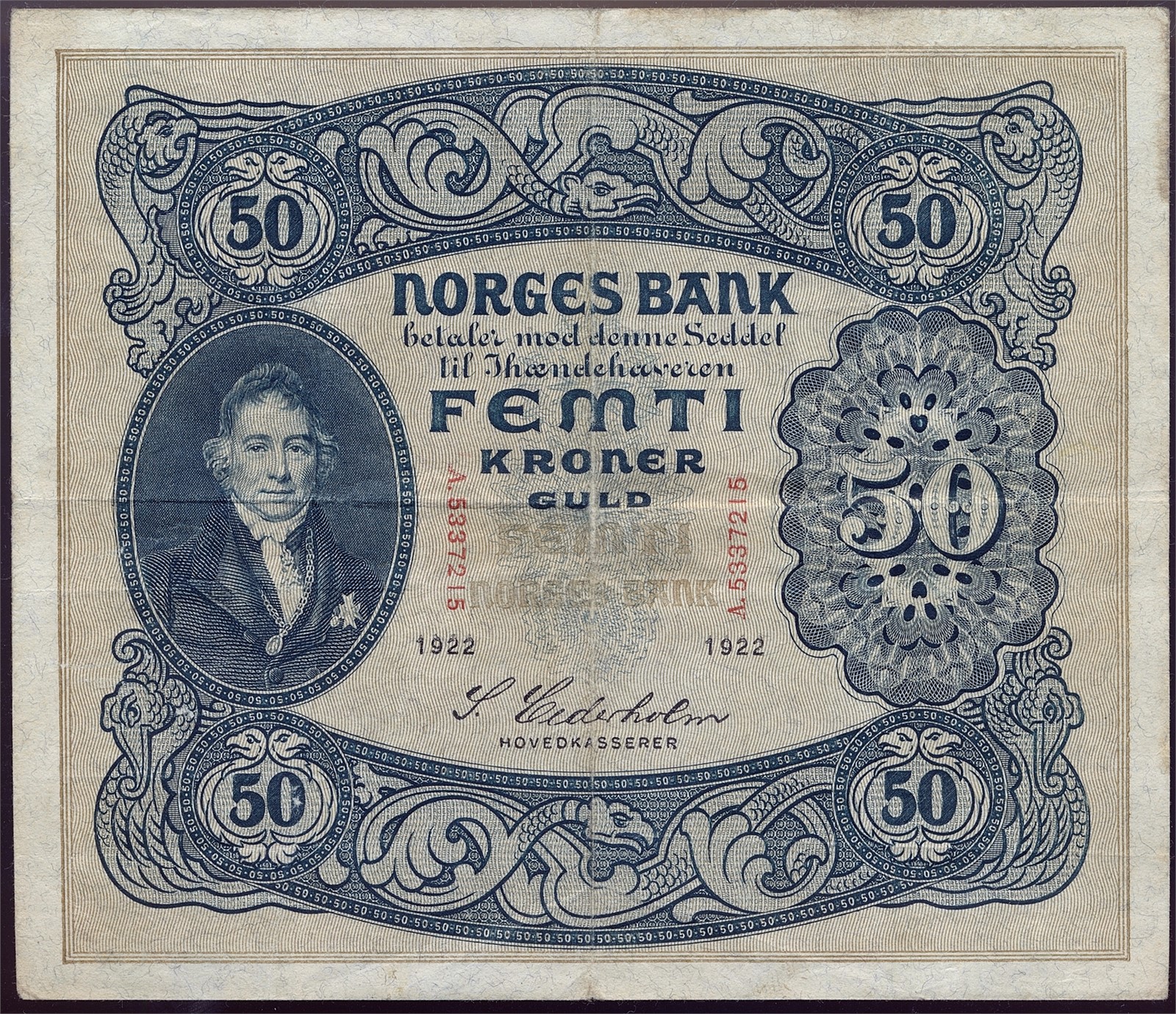 50 Kroner 1922-A. Kv 1/1- (F).