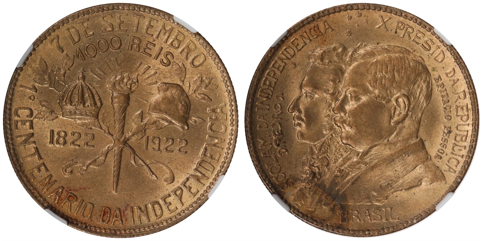 BRAZIL. Republic. 1000 Reis. 1922. NGC MS64.