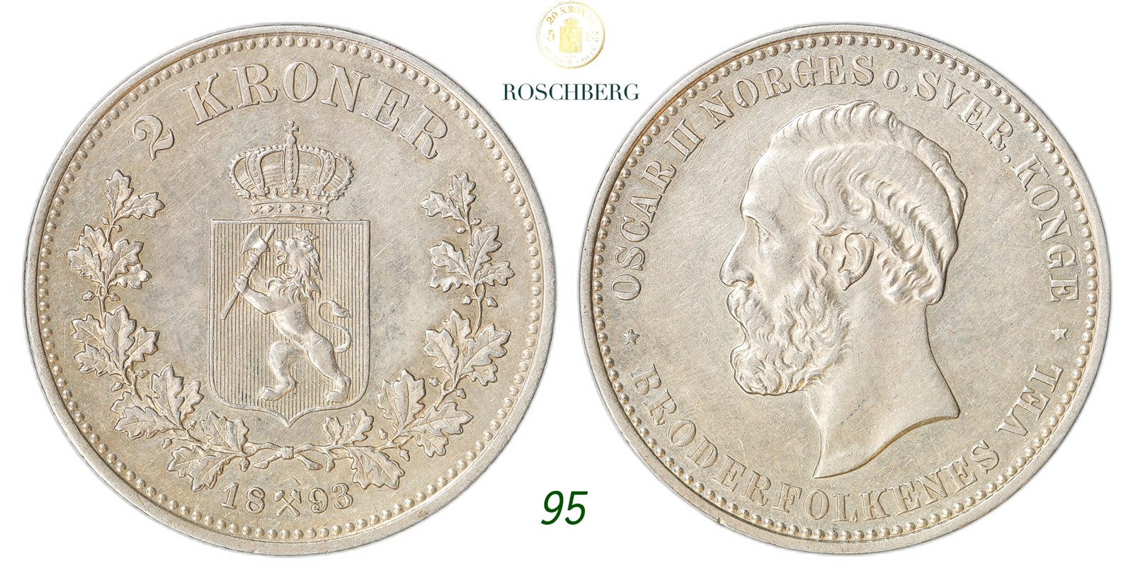NORWAY. Oscar II. 2 Kroner 1893.