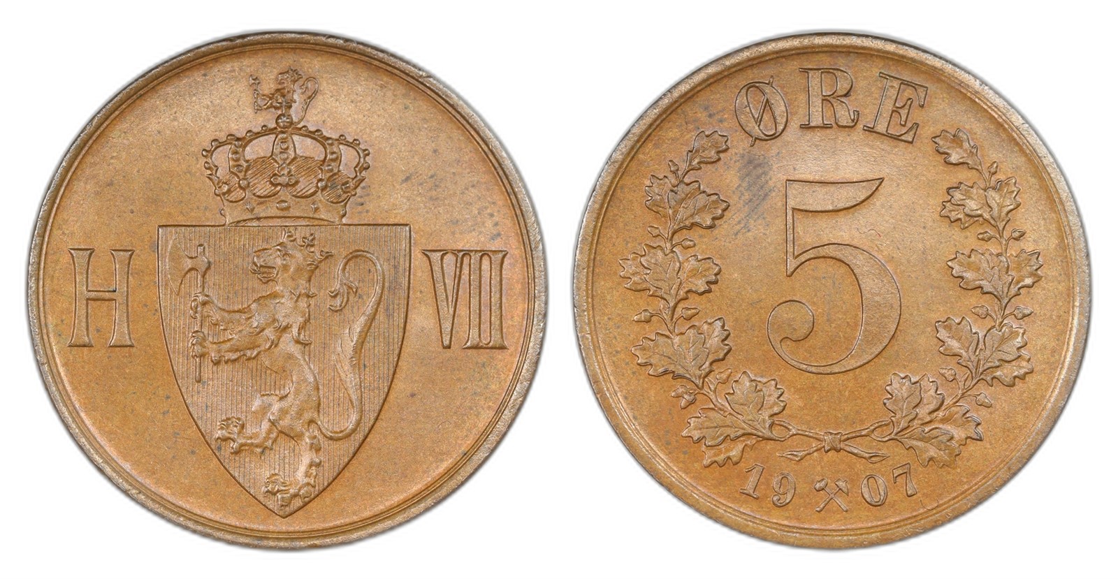 Norway. Haakon VII. 5 Øre 1907. Kv 0.
