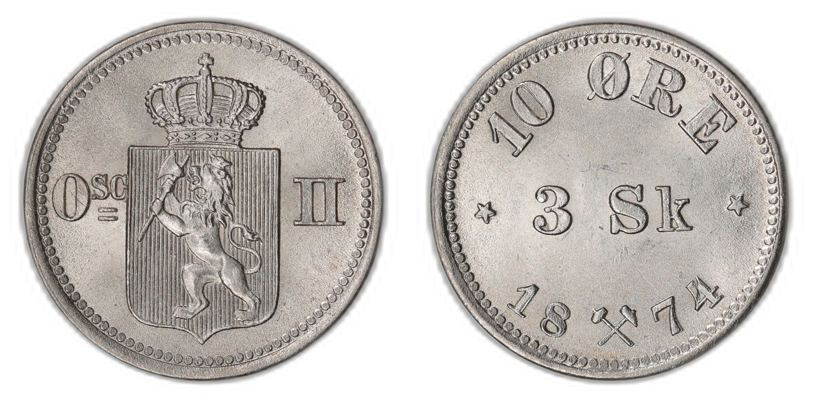 NORWAY. Oscar II. 10 Øre / 3 Sk. 1874. Kv 0 (UNC).